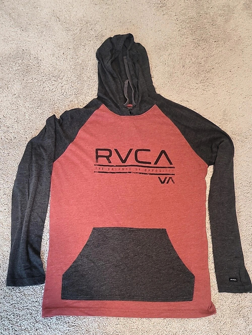 RVCA Balance of Opposites Hooded Long Sleeve Tee Red & Gray Medium